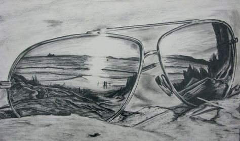 Drawing Sunglasses, Sunglasses Reflection, Reflection Tattoo, Landscape Art Lessons, Reflection Drawing, Igcse Art, Girls Drawing, School Drawing, Pencil Drawings Of Girls