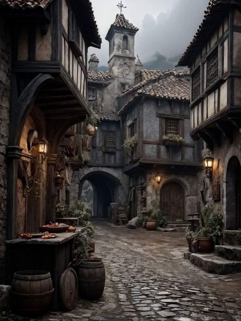 Medieval Row House, Fantasy Town Aesthetic, Medieval Town Aesthetic, Medieval Village Aesthetic, Medieval Village Layout, Tavern Exterior, Old English Town, Gothic Village, Dnd Town