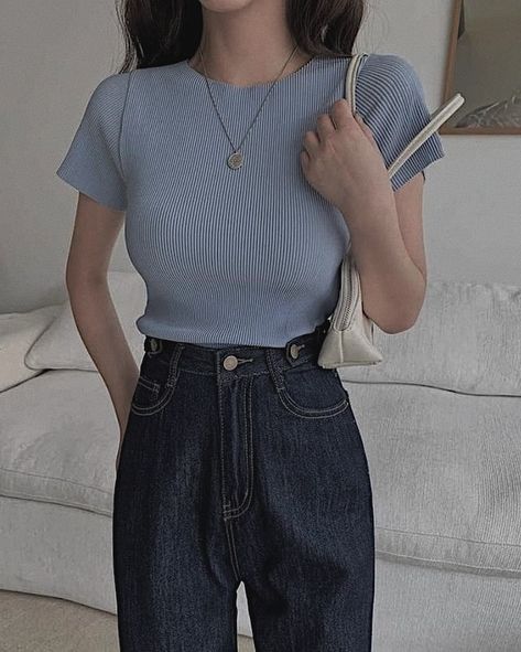 Pastel Blue Top Outfit, Pastel Blue Shirt Outfit, Blue Outfit Aesthetic Casual, Dark Pastel Outfit, Dark Blue Jeans Outfit Spring, Pastel Blue Outfit Korean, Pastel Shirt Outfit, Blue Outfit Inspo Aesthetic, Blue Tshirt Outfit Aesthetic