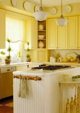 Small Country Kitchens, Yellow Kitchens, Yellow Kitchen Designs, Yellow Kitchen Cabinets, Gray Kitchens, Yellow Cabinets, Small Kitchen Cabinets, Yellow Cottage, Country Kitchen Designs