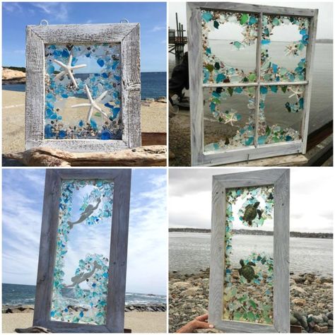 This Handmade Beach Glass Art Is Absolutely Gorgeous Seaglass Window Art, Framed Glass Art, Beach Glass Wall Art, Resin Framed Art, Old Window Glass Art, Beach Window Art, Picture Frame Resin Art, How To Do Sea Glass Art, Resin Beach Glass Art