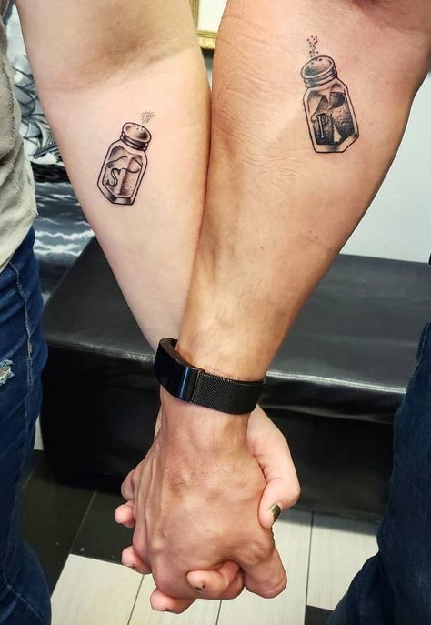 Salt And Pepper Matching Tattoos, Couple Food Tattoos, Food Matching Tattoos, Salt And Pepper Tattoo Ideas, Salt And Pepper Shaker Tattoos, Pepper Shaker Tattoo, Matching Food Tattoos, Salt And Pepper Tattoo, Salt Shaker Tattoo