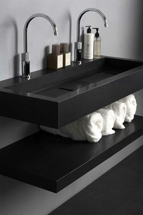 two faucets one sink idea #sink #bathroom #faucets Unique Bathroom Sinks, Drømme Bad, Makeover Bathroom, Minimal Bathroom, Bathroom Sink Design, Quartz Sink, Modern Style Decor, Modern Bathroom Sink, Black Sink