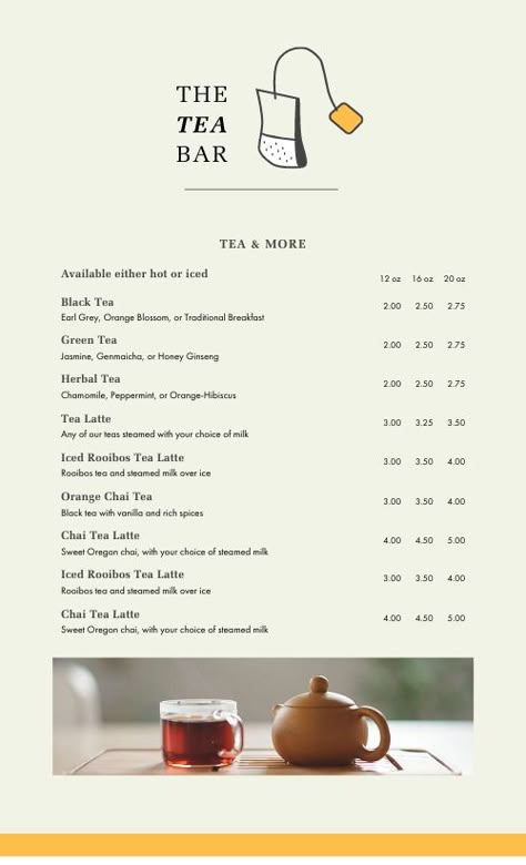 Tea Bar Menu Design Template by MustHaveMenus Sweet Menu Design, Tea Menu Design Ideas, Tea Shop Menu Design, Tea Menu Design, Drink Menu Design Ideas, Tea Menu Ideas, Tea List, Bar Menu Design, Tea Room Design