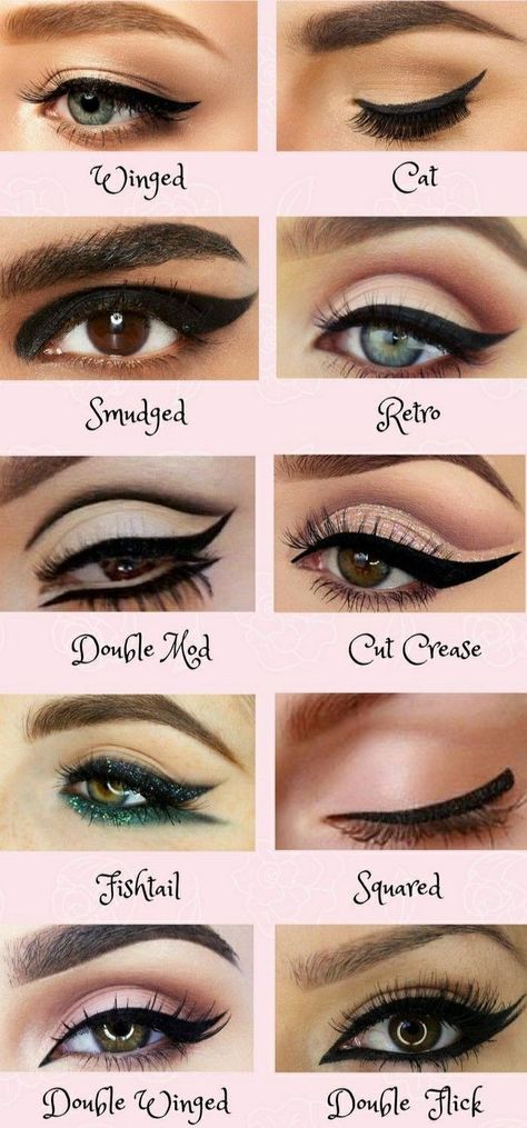 Cat Eye Eyeliner Tutorial, Types Of Eyeliner, Gray Eyeliner, Eyeliner Types, Eyeliner Wings, Cat Eye Makeup Tutorial, Cat Eye Eyeliner, Felt Tip Eyeliner, Eyeliner Designs