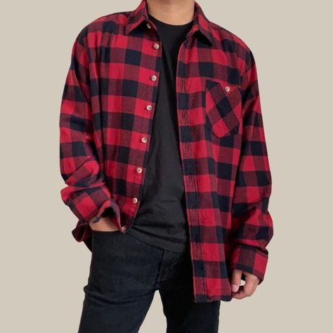 Red Flannel Outfit Men Aesthetic, Red Checkered Shirt Outfit Mens, Red Plaid Shirt Outfit Men, Red Button Up Shirt Outfit Men, Black And Red Flannel Outfit, Red Flannel Outfit Men, Red Plaid Shirt Outfit, Flannel Outfits Men Aesthetic, Red Flannel Outfit