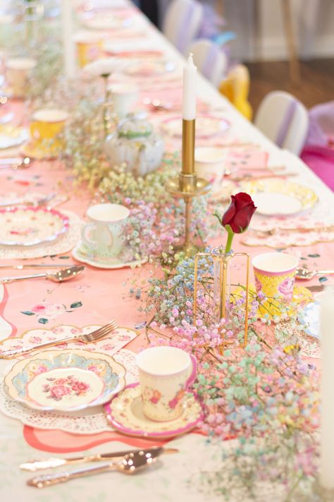 Pink Themed Tea Party, High Tea First Birthday Party, Tea Party Birthday Balloons, Indoor Tea Party Birthday, Garden Tea Party Decor, Tea Party Pinata, Pastel Tea Party Decorations, Spring Girls Party, Flower Garden Tea Party