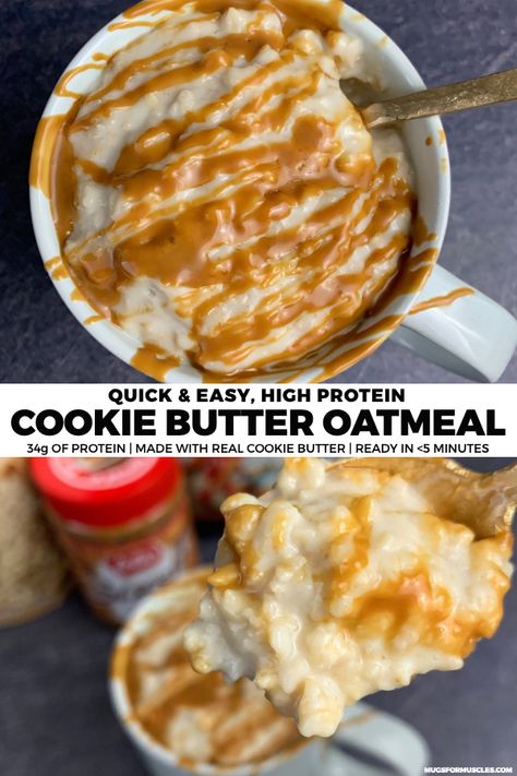 If you're a cookie butter lover, you'll love this high protein oatmeal recipe. With all your favorite cookie butter flavors and 34 grams of protein per bowl, this is a great way to start your day or even satisfy your late night sweets cravings. Mason Fit Recipes, Healthy Cookie Butter Recipes, Oatmeal With Protein Powder Recipes, Macro Friendly Oatmeal Recipes, Cookie Butter Protein Recipes, Ways To Eat Cookie Butter, High Protein Sweet Breakfast, High Protein Late Night Snacks, Stronger U Recipes