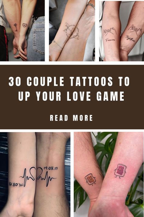 Getting permanent ink on your skin shows your commitment. Being willing to have a matching couple tattoo with your soulmate is another… Connecting Tattoos Couples, Marriage Tattoos Unique, Tattoo Ideas Unique Meaningful, Husband Wife Tattoos, Matching Couple Tattoo, Couple Wrist Tattoos, Connecting Tattoos, Fingerprint Heart Tattoos, Married Couple Tattoos