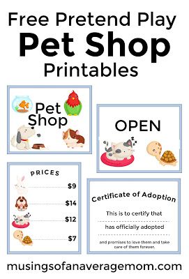 Free pretend play pet shop printables including 3 signs, prices and pet adoption certificate Creative Curriculum Pet Study Ideas, Preschool Pet Adoption, Pet Store Preschool Dramatic Play, Pet Dramatic Play Preschool, What Pet Should I Get Activities Preschool, Pet Store Preschool, Pet Shop Sign, Dramatic Play Pet Store, Preschool Pets Unit Free Printable