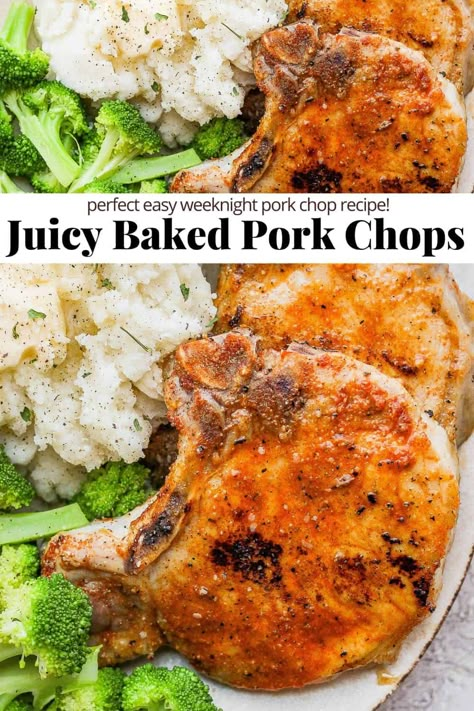 Baked Pork Chops - a simple, delicious baked pork chop recipe that turns out juicy and delicious (so easy too!). Perfect for a busy weeknight! #bakedporkchops #bakedporkchopsoven #bakedporkchopsbonein #bakedporkchopsrecipes Baked Thick Pork Chops, Center Cut Pork Chop Recipes, Juicy Baked Pork Chops, Thick Pork Chop Recipe, Baked Pork Loin Chops, Tender Baked Pork Chops, Quick Pork Chops, Oven Roasted Pork Chops, Best Baked Pork Chops