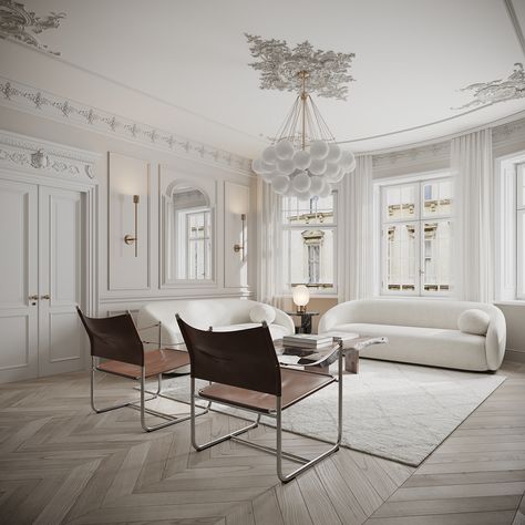 KENZA on Behance Neoclassical Living Room, White Couch Living Room, Interior Design Per La Casa, White Couches, Design Room, Parisian Apartment, Design Del Prodotto, Formal Living, A Living Room