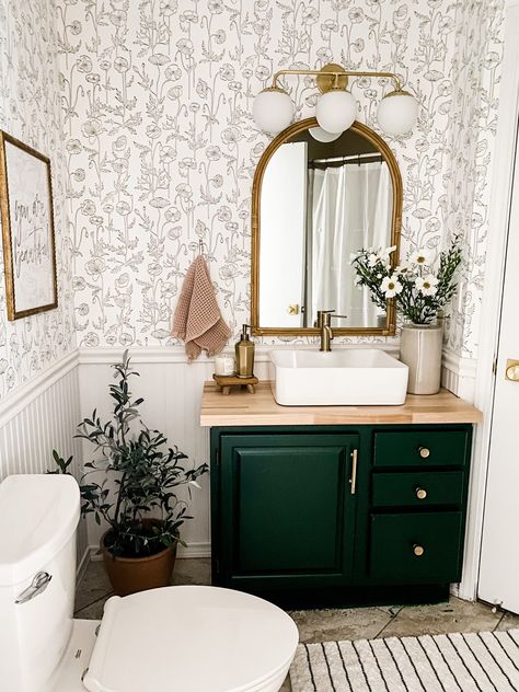 Sage Green Restroom Ideas, Green And Black Wallpaper Bathroom, Contemporary Rustic Bathroom, Butcher Block Bathroom, Honey House, Kids Bathroom Makeover, Small Bathroom Wallpaper, Powder Bathroom, Bathroom Diy