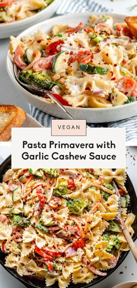 Delicious vegan pasta primavera packed with tender vegetables and tossed in a creamy garlic cashew sauce. This easy vegan pasta primavera recipe has wonderful flavors and plenty of protein and healthy fats for a comforting plant-based meal the whole family will love! #vegan #pasta #healthylunch #healthydinner #dairyfree #vegetarian Vegan Pasta Primavera, Vegan Mushroom Pasta, Easy Vegan Pasta, Primavera Recipe, Pasta Primavera Recipe, Dairy Free Pasta, Cashew Sauce, Vegan Lasagna, Vegetarian Pasta Recipes