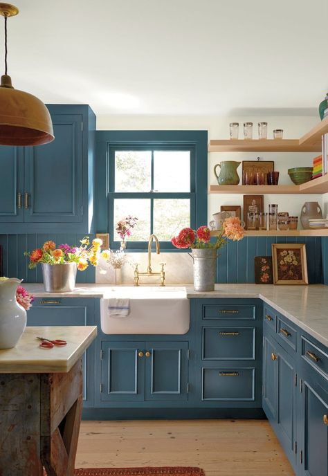 Old Meets New: How to Use Historic Colors in a Modern Home Kitchen Paint Color Inspiration, Newburg Green, Blue Kitchen Cabinet Ideas, Kitchen With Blue Cabinets, Wickham Gray, Kitchen Paint Color, Blue Kitchen Cabinet, Blue Green Kitchen, Kitchen Cabinet Inspiration