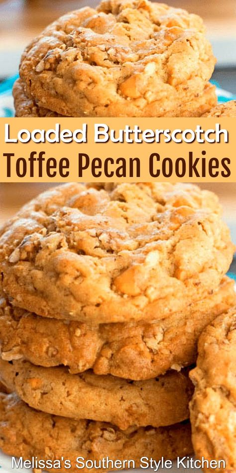 Loaded Butterscotch Toffee Pecan Cookies - melissassouthernstylekitchen.com Toffee Pecan Cookies, Pecans Cookies, Cookie Perfection, Butterscotch Toffee, Chips Recipes, Butterscotch Cookies, Toffee Cookies, Pecan Cookies, Pecan Recipes