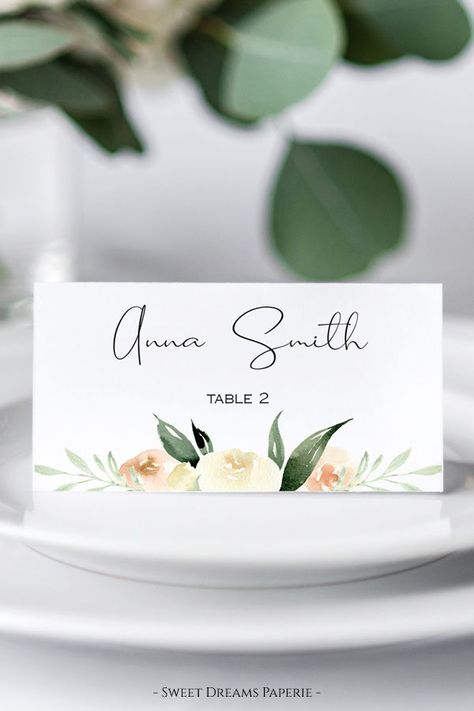 Printable Place Cards Templates, Place Cards Template, Wedding Table Name Cards, Printable Place Cards, Table Name Cards, Wedding Table Names, Wedding Place Card, White Floral Design, Place Card Template