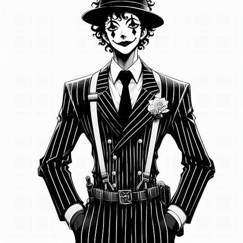 Anime manga character mime who is tall and lanky, full body, has a mafia type attire but in black and white only, has mime features on face and nose, tied up afro hair - Image Creator from Microsoft Designer Showman Character Design, Mime Character Art, Ring Leader Character Design, Character Design Black And White, Mime Character Design, Clown Character Design Male, Mime Drawing, Mime Oc, Mafia Character Design