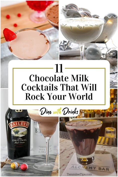 Collage of 4 chocolate milk cocktails. Moose Milk Recipe, Chocolate Alcoholic Drinks, Godiva Chocolate Liquor, Milk Cocktails, Chocolate Margarita, Chocolate Cocktail Recipes, Best Chocolate Milk, Chocolate Milk Mix, Vanilla Cocktail