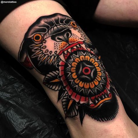 Mors (@morstattoo) • Instagram photos and videos On Knee Tattoo, Leg Sleeve Tattoo, Black Tiger, Knee Tattoo, Tiger Art, American Traditional Tattoo, School Tattoo, School Inspiration, Mandala Tattoo