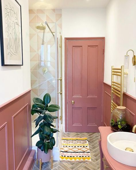 Half Wall Paneling Ideas, Half Wall Paneling, Wall Paneling Ideas, Pink Bathrooms, Pink Bathroom Tiles, Paneling Ideas, Pink Toilet, Staircase Wall Decor, Bathroom Paneling