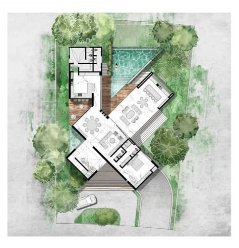 Interior Architecture Sketch, Rendered Floor Plan, Interior Design Renderings, Courtyard House Plans, House Exterior Colors, House Floor Design, Homes Modern, Architectural Floor Plans, Architectural Design House Plans