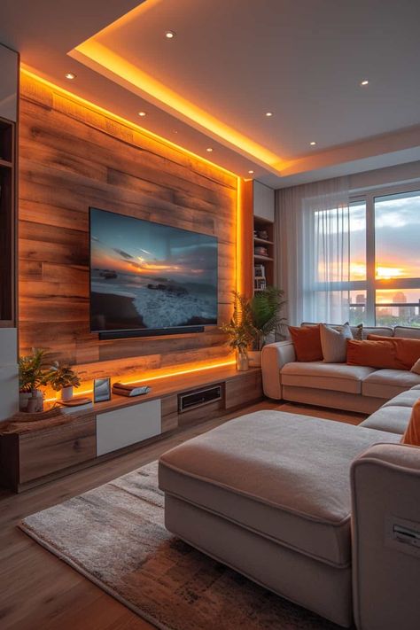 13 Modern Living Room Ideas That Will Leave Your Guests Speechless | DIY Vibes Tv Wall Wood Panel, Tv Wall Wood, Living Room Colour Design, Living Room Tv Stands, Living Room Tv Wall Ideas, Wall Wood Panel, Living Room Tv Wall Decor, Mounted Tv Ideas Living Rooms, Tv Wall Design Luxury