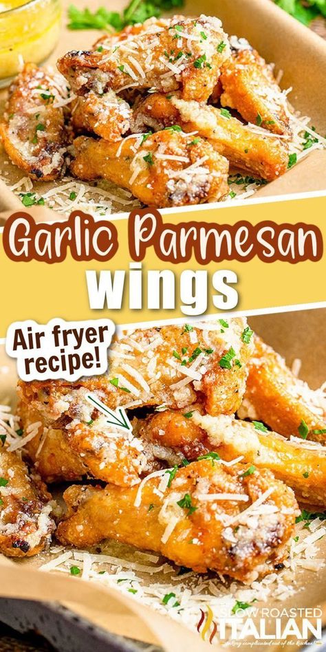 Garlic Parm Wings Air Fryer, Air Fryer Garlic Parmesan Chicken Wings, Hot Garlic Parmesan Wings Sauce Recipes, Air Fryer Garlic Parmesan Wings, Parmesan Wings Air Fryer, Garlic Parmesan Wings Air Fryer, Chicken Wings For Dinner, Italian Wings, Garlic Parmesan Wings Recipe