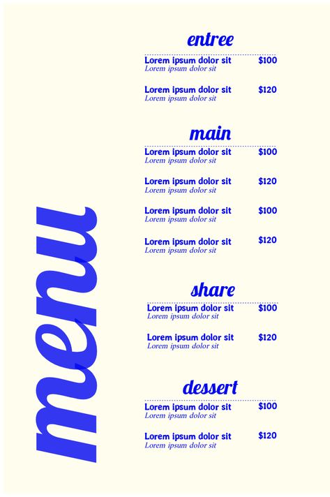 This menu template is a great starting point for your next design project. It is professionally designed and will help you deliver your message more effectively. Cool Menus Design, Price Board Design, Menu Layout Templates, Menu Ideas Design Restaurants, Clean Menu Design, Online Menu Design, Blue Menu Design, Small Menu Design, Simple Menu Design Layout