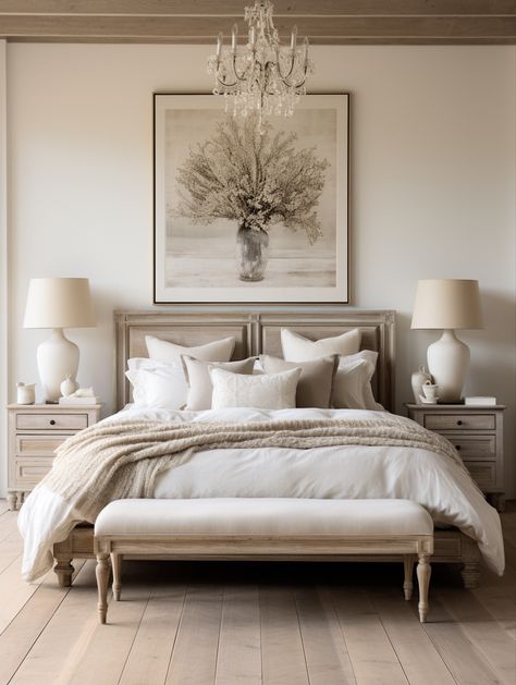 French Mediterranean Bedroom, White And Beige Master Bedrooms, Modern French Country Master Bed, French Style Bedroom Modern, French Contemporary Bedroom, Jewel Tone Bedroom, Restoration Hardware Bedroom, Cream And White Bedroom, Provincial Bedroom