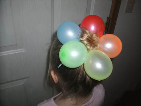 Crazy hair day! Rainbow balloon flower bun <3 Crazy Hair Day Balloons, Balloon Hair, Flower Bun, Christmas Games For Family, Crazy Hair Day, Crazy Day, Dress Up Day, Rainbow Balloons, Crazy Hair Day At School