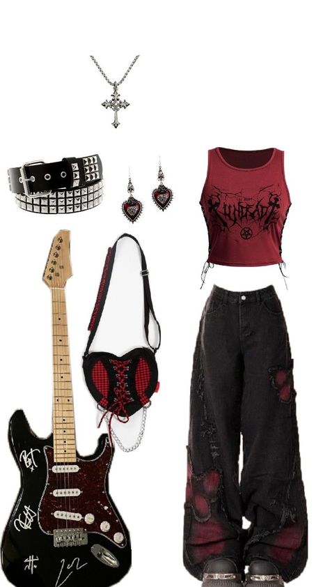 Rockstars Gf Outfit Ideas, Dominate Tour Outfit, Red Goth Outfits, Pop Punk Outfits, Skz Concert, Rockstar Girlfriend, Punk Outfits, Alternative Outfits, Goth Outfits