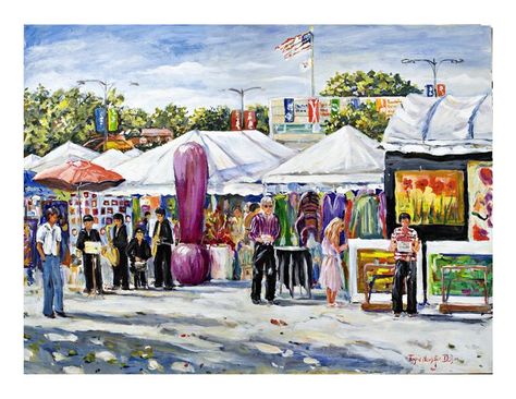 This is an acrylic on canvas cityscape painting of the Greenwich Village Art Fair in Rockford, IL Village Fair Drawing, Village Fair, Festival Paint, Village Art, Scene Drawing, Art Village, Oil Pastel Art, Greenwich Village, Ad Art