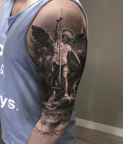 160+ Meaningful Religious Tattoos Designs with Pics (2021) - TattoosBoyGirl Religious Tattoo Sleeves, Angel Warrior Tattoo, Angel Sleeve Tattoo, St Michael Tattoo, Guardian Angel Tattoo, Archangel Tattoo, Catrina Tattoo, Heaven Tattoos, Christian Sleeve Tattoo