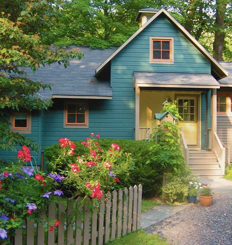 Streamside Cottage - Craftsman - Exterior - New York - by Walker Architecture | Houzz Teal And Orange House Exterior, Cottage Exterior Paint Ideas, Farmhouse Outside Colors Exterior Paint, Turquoise Home Exterior, Turquoise Cottage Exterior, Two Toned Homes Exterior, Entryway View From Door, Boho Bungalow Exterior, Cute Exterior House Colors