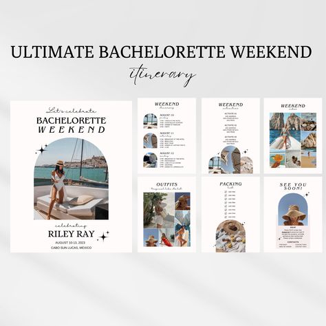 This digital bachelorette itinerary template is the perfect solution to help you organize the ultimate weekend getaway for the bride-to-be and her besties! Designed to be easily edited on the free version of Canva, this template allows you to effortlessly customize all the details, photos, and colors making it a breeze to coordinate activities, timings, and locations. This editable Canva template would also be perfect to plan any other type of party as well, such as a family vacation. Bridal Shower Planner, Party Planner Template, Weekend Planner, Bachelorette Party Planner, Bachelorette Party Invite, Bachelorette Weekend Itinerary, Itinerary Planner, Bachelorette Itinerary, Europe Holidays