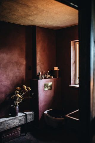 Black House Interior, Maroon Walls, Limewash Walls, Limewash Paint, Zen Bathroom, Wallpaper Paint, Dark Interiors, Bad Design, Color Crush