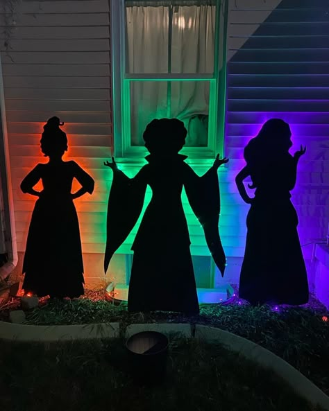 Witch Theme Halloween Decor Diy, Hocus Pocus House Decorations Outdoor, Sanderson Sister Halloween Decor, Halloween Window Silhouettes Hocus Pocus, Hocus Pocus Front Yard Decorations, Hocus Pocus Themed Halloween Decorations, Hocus Pocus Yard Decorations Diy, Hocus Pocus Hallway Decorations, Spooky Halloween Yard Ideas