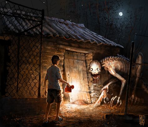 ArtStation - Story from my childhood, Boris Groh Boris Groh, Play Horse, Fantasy Writer, The Boogeyman, Weird Creatures, Digital Art Illustration, Dog Barking, My Childhood, Horror Art