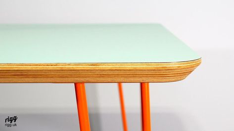 Ply Dining Table, Plywood Table Diy, Plywood Dining Table, Hay Loop Stand Table, Plywood Table Top, Table Legs Diy, Colourful Table, Plywood Coffee Table, Hairpin Table