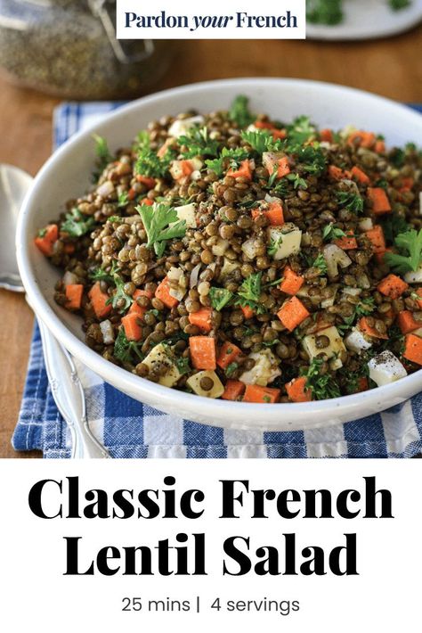 A staple French salad of lentils, carrots, shallots, herbs and a Dijon vinaigrette. French Lentil Salad, French Salad, Puy Lentils, Lentil Salad Recipes, Gourmet Salad, French Lentils, Dijon Vinaigrette, Vinaigrette Salad, Carrot Salad