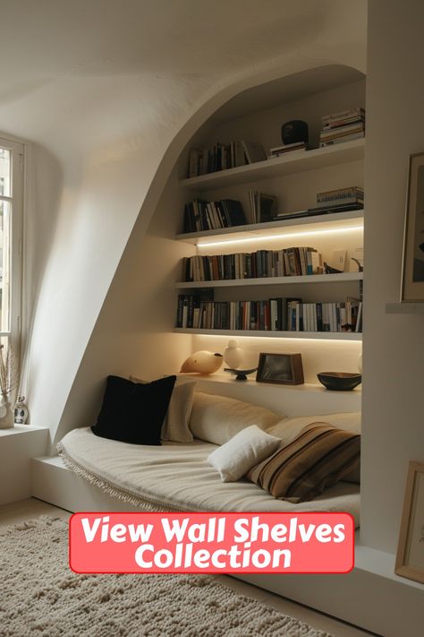 Create Your Dream Reading Nook: Shelving Unit Inspiration for Home Libraries - Quiet Minimal Nook Shelving, Mounted Shelves, For Home, Home Libraries, Book Organization, Wall Mounted Shelves, Reading Nook, Wall Shelves, Shelving Unit