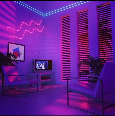 Vaporwave Room Aesthetic, Vaporwave Bedroom, Grunge Aesthetic Room, Vaporwave Room, Bedroom 80s, 80s Room, Neon Bedroom, 80s Decor, Neon City