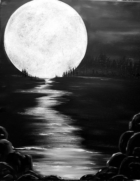 Grey And Black Painting Ideas, Cool Black Canvas Paintings, Cute Paintings On Black Canvas, Black Canvas Moon Painting, Moon Charcoal Drawing, Charcoal Painting Ideas, Charcoal And Pastel Drawing, Black And White Tree Painting, Grey Art Aesthetic