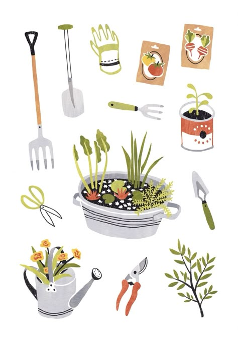 Funny Vine, 달력 디자인, Garden Illustration, Garden Drawing, Garden Journal, Healthy Garden, Sanya, Plant Illustration, Gardening Tools