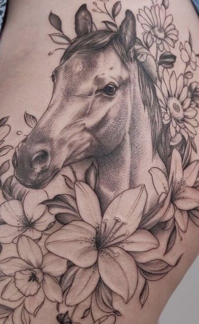 Horse Flowers Tattoo, Horse Shoulder Tattoo, Ladies Shoulder Tattoo Ideas, Horse Floral Tattoo, Farm Animal Tattoos For Women, Horse Flower Tattoo, Horse Portrait Tattoo, Horse Tattoo With Flowers, Horse And Flower Tattoo