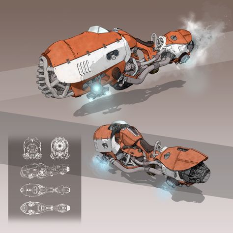 Dieselpunk Hover Bike Concept by Víctor Boto Future Bike Concept, Hover Motorcycles, Futuristic Hover Bike, Hover Bike Concept, Futuristic Bike, Dieselpunk Vehicles, Hover Bike, Hover Car, Bike Concept