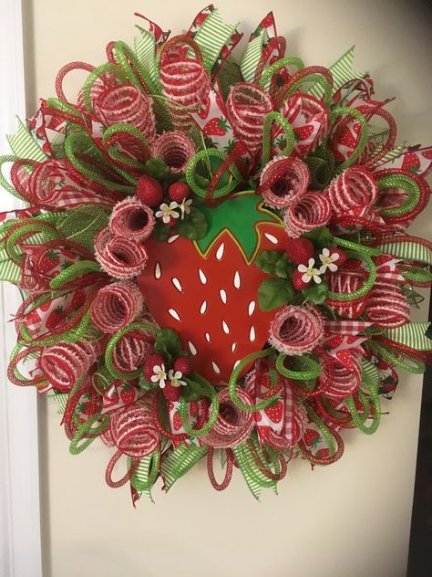 Strawberry Wreath # 5 Strawberry Wreath Ideas, Strawberry Deco Mesh Wreath, Mesh Ladybug Wreath, Strawberry Mesh Wreath, Red And Green Wreath Deco Mesh, Wreath Centers, Strawberry Wreath, Diy Deco Mesh Wreath, Summer Deco Mesh Wreaths