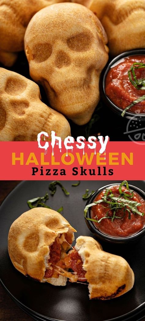 Pizza Skulls, Halloween Pizza, Recetas Halloween, Halloween Food Appetizers, Cheesy Pizza, Halloween Fest, Spooky Food, Halloween Party Snacks, Fun Halloween Food