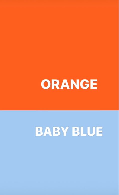 Contrasting Colour Combinations, Orange Combination Color, Blue Orange Colour Palette, Orange Colours Shades, Light Blue And Orange Colour Palette, Bright Colour Combinations, Baby Blue Color Palette, Orange Mix Color, Color Knowledge